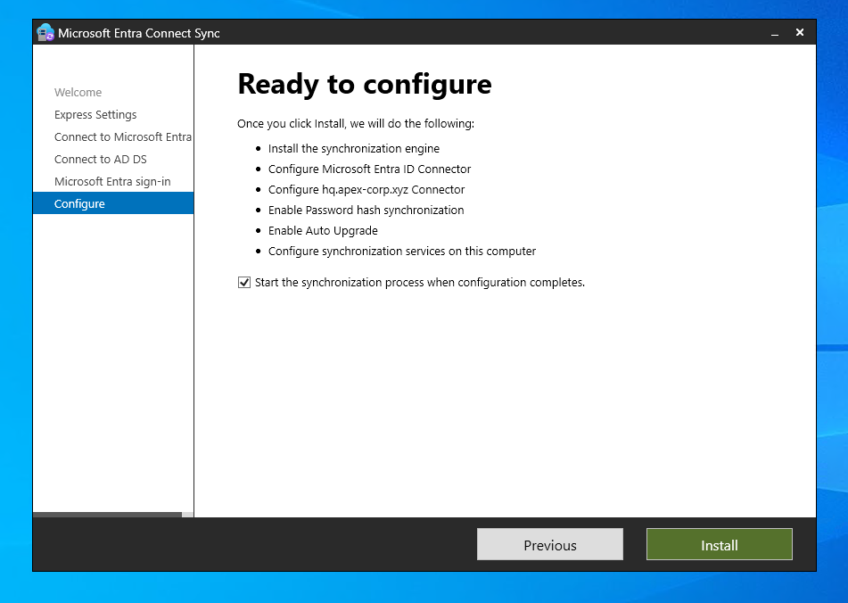 Entra Connect Ready to Configure screen showing options to be installed including sync engine and password hash sync